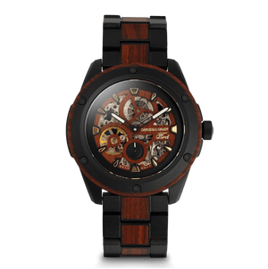 Watch with black and red design on a white background