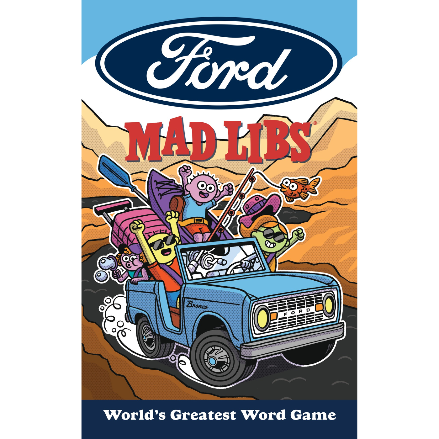 Ford Mad Libs book cover with cartoon characters in a Bronco and Ford logo.