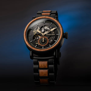Luxury watch with black and wood accents on a dark background