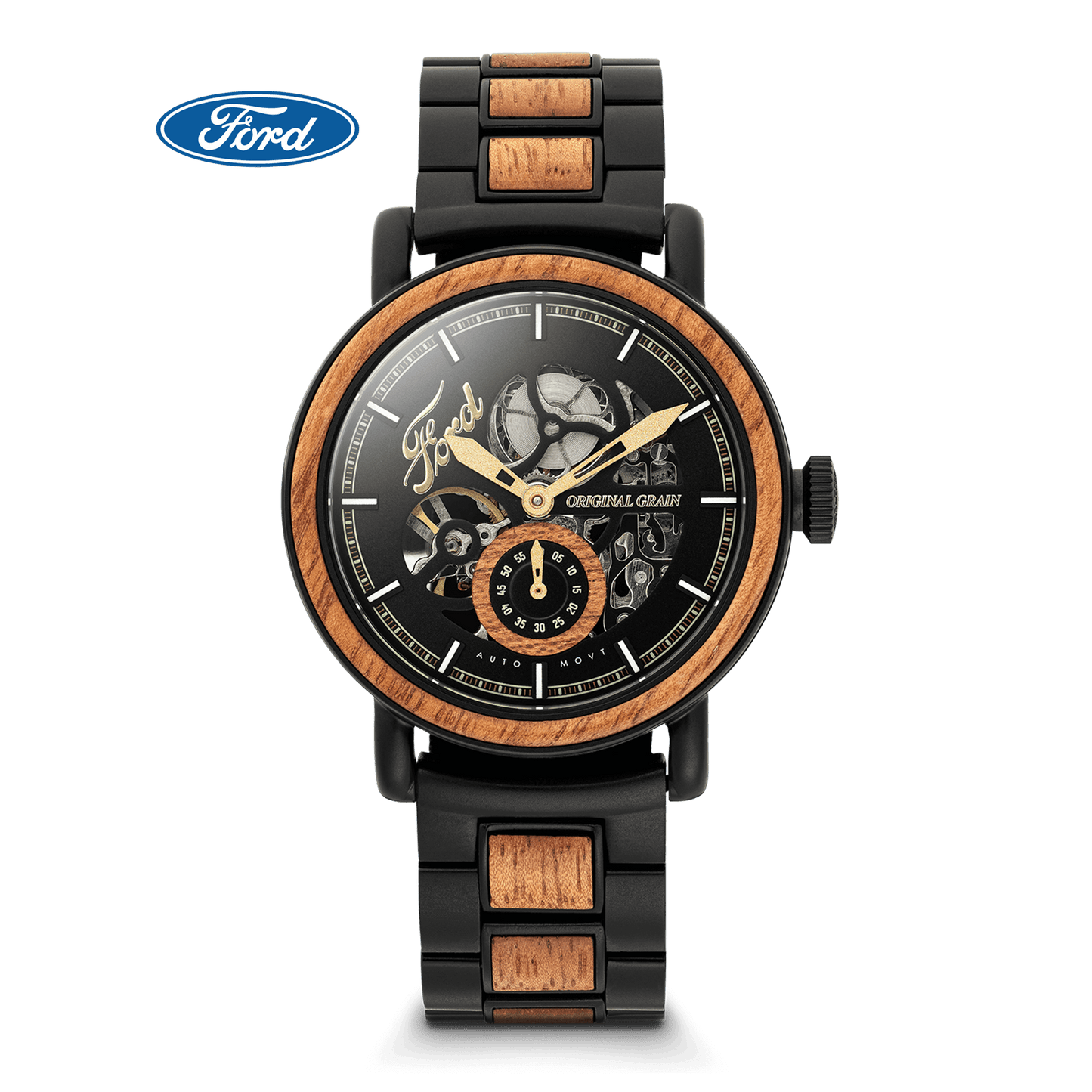 Watch with wooden and black metal strap on a black background, featuring Ford logo.