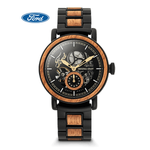 Watch with wooden and black metal strap on a black background, featuring Ford logo.