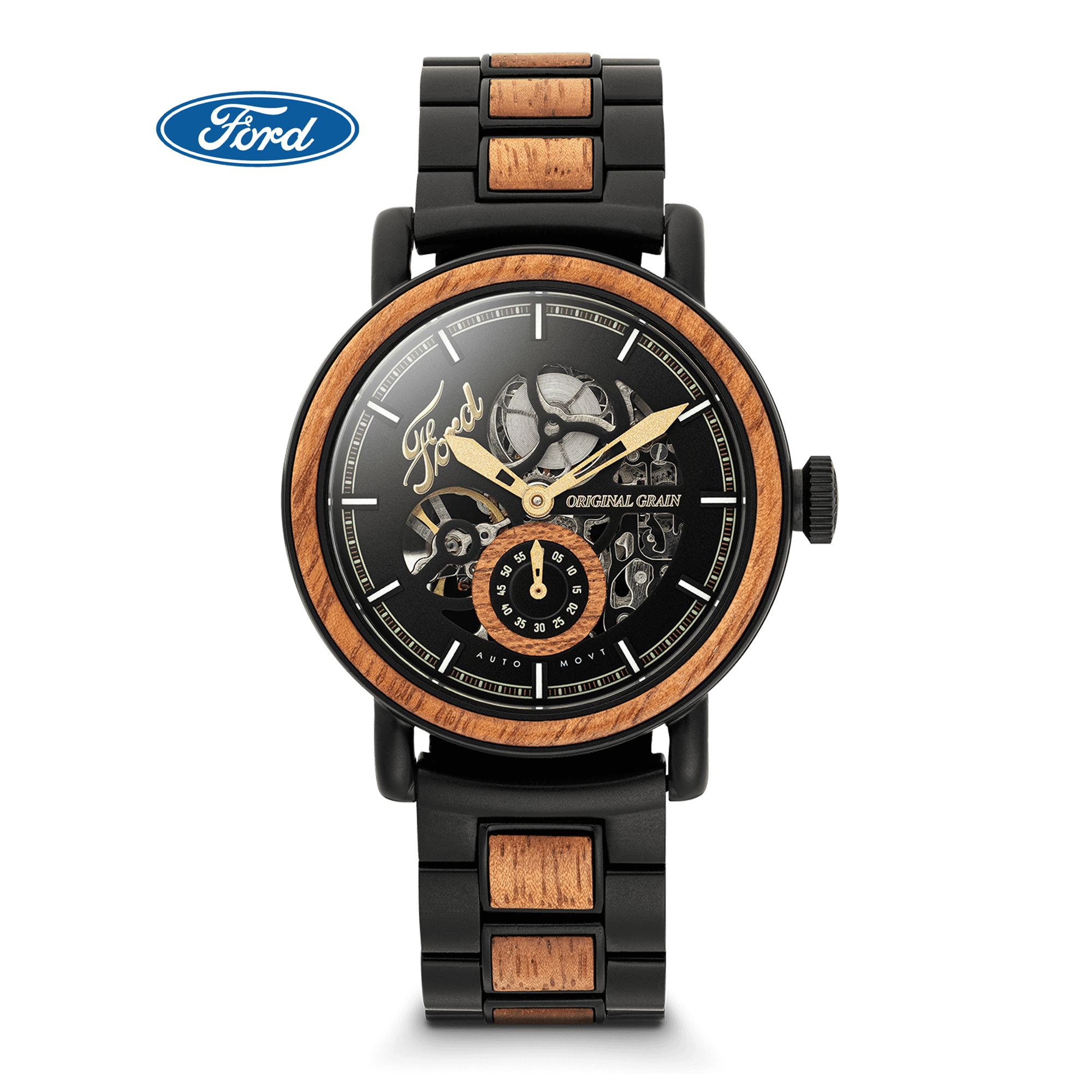 Watch with wooden and black metal strap on a black background, featuring Ford logo.
