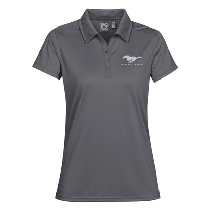 gray women's polo shirt with a mustang pony logo on a white background