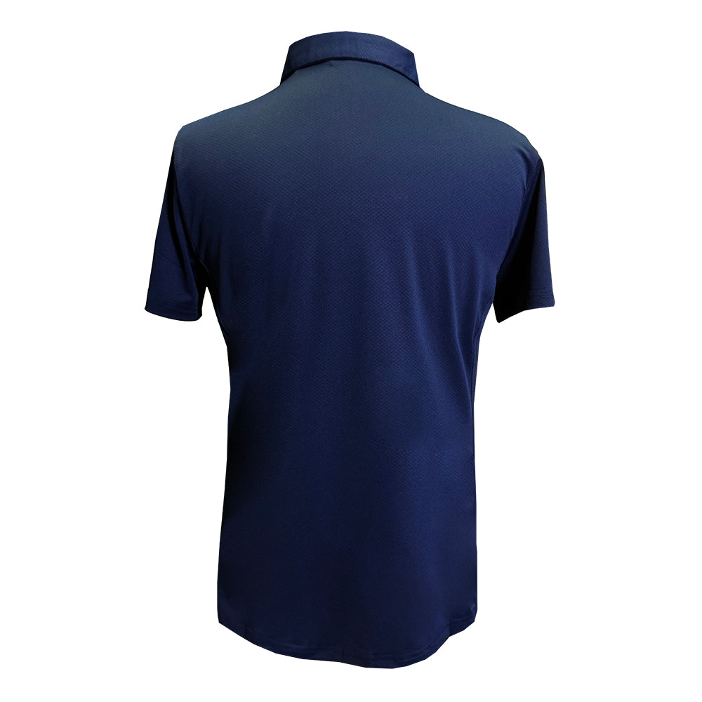 back of a navy blue Ford women's polo shirt with Ford script on a white background