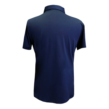 back of a navy blue Ford women's polo shirt with Ford script on a white background