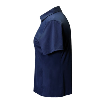 side of a navy blue Ford women's polo shirt with Ford script on a white background