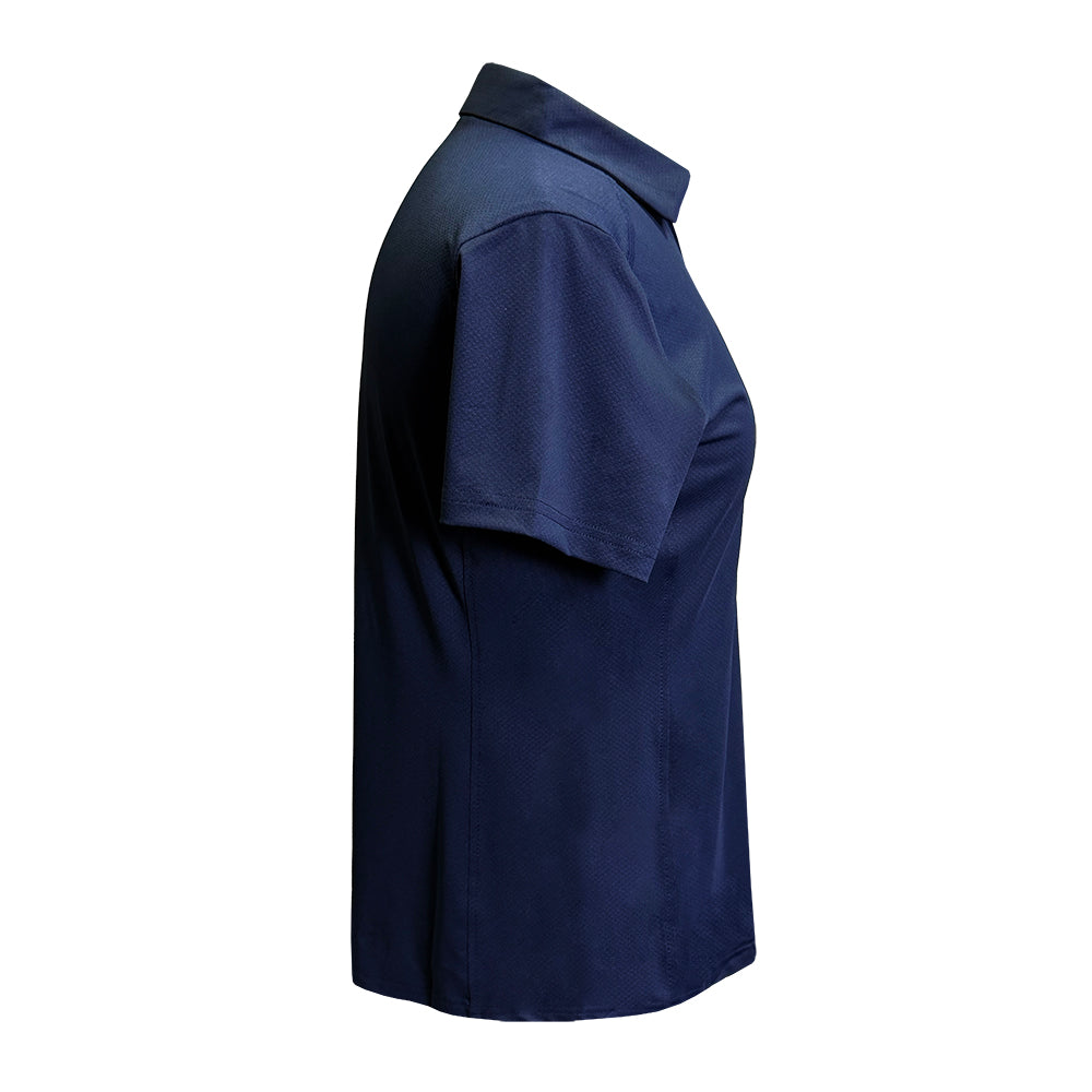 a side of navy blue Ford women's polo shirt with Ford script on a white background