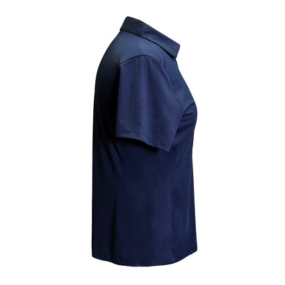 a side of navy blue Ford women's polo shirt with Ford script on a white background