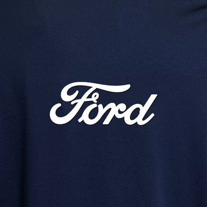 close up of white ford script on a navy blue background