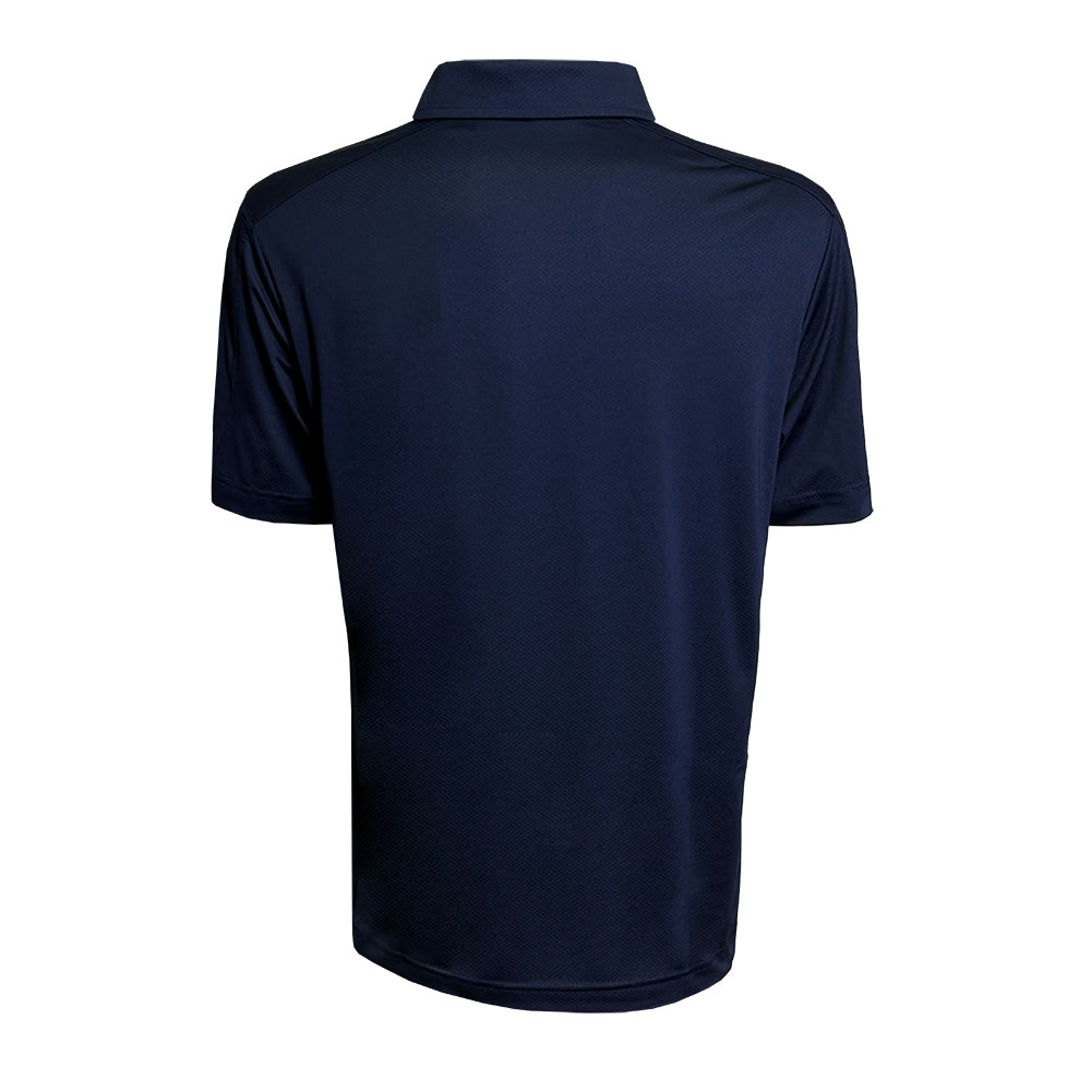 A navy blue short-sleeve polo shirt shown from the back, displayed on a clean white background.