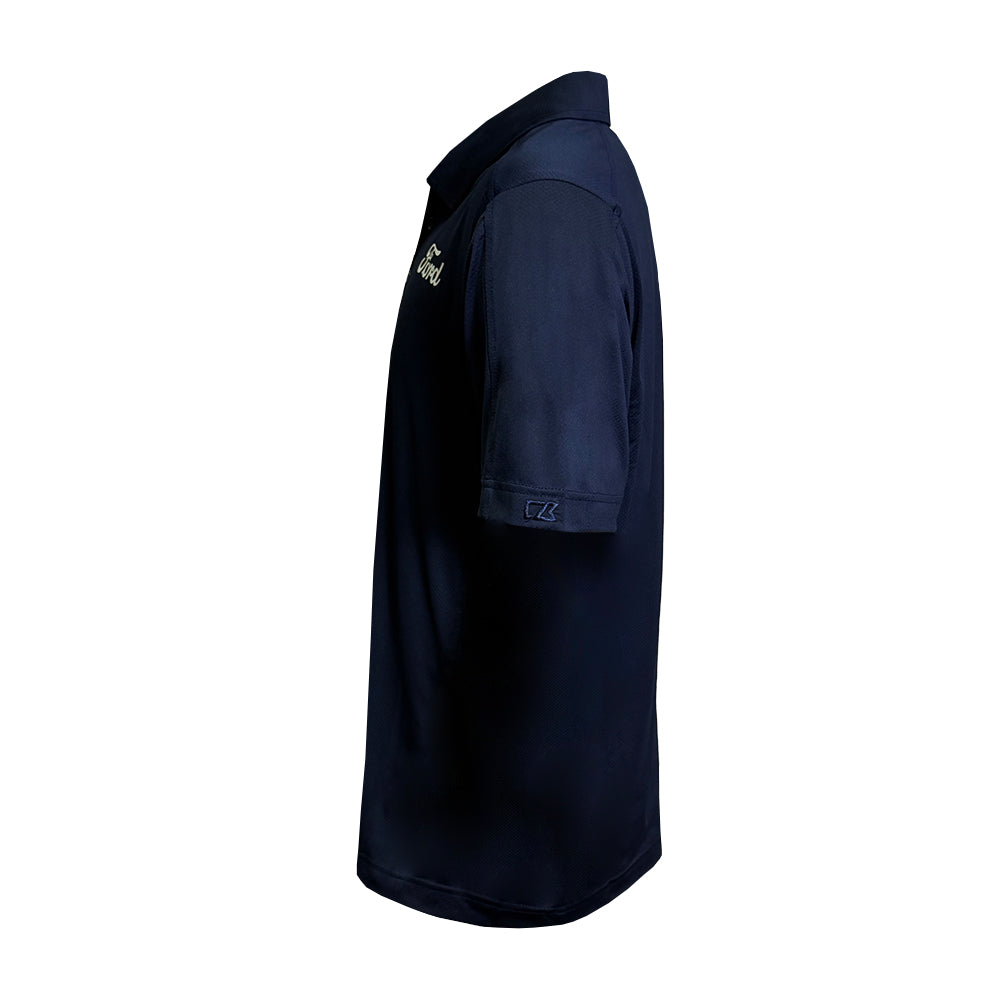 A dark navy blue short-sleeve polo shirt shown from a side profile view on a plain white background.