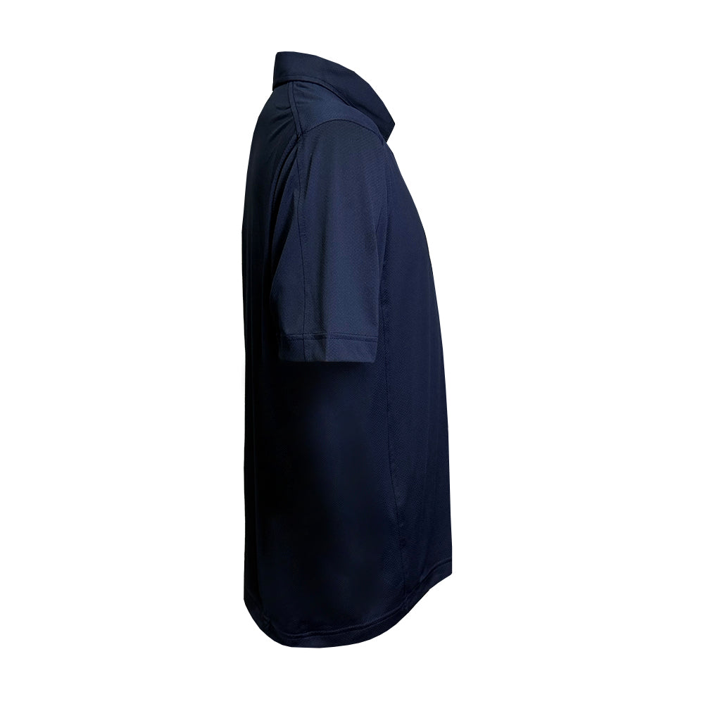 A dark navy blue short-sleeve polo shirt shown from a side profile view against a plain white background.