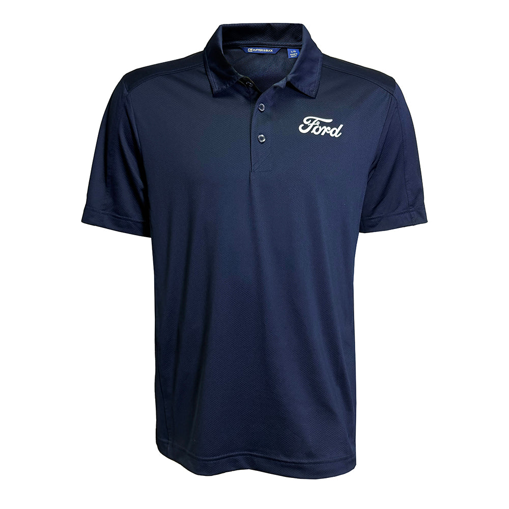 A navy blue short-sleeve polo shirt with a white embroidered Ford logo on the left chest, displayed on a clean white background.