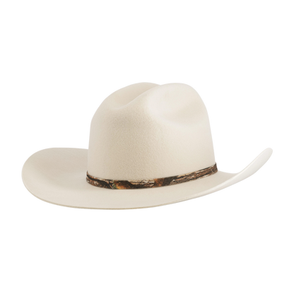 White cowboy hat with a band on a white background