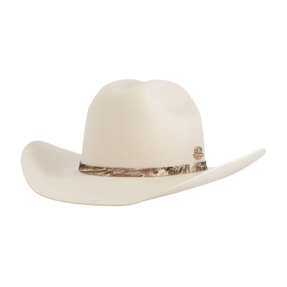 White cowboy hat with a band on a white background