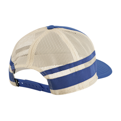 Beige and blue mesh cap on a white background