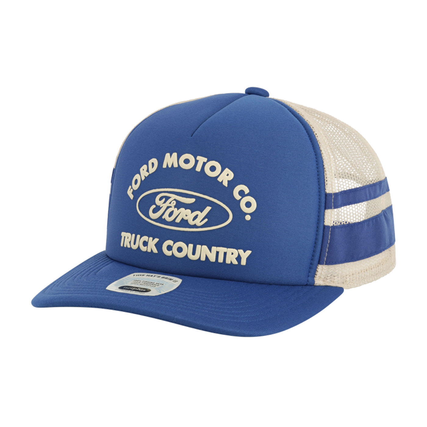 Blue and beige cap with Ford Motor Co. branding on a white background