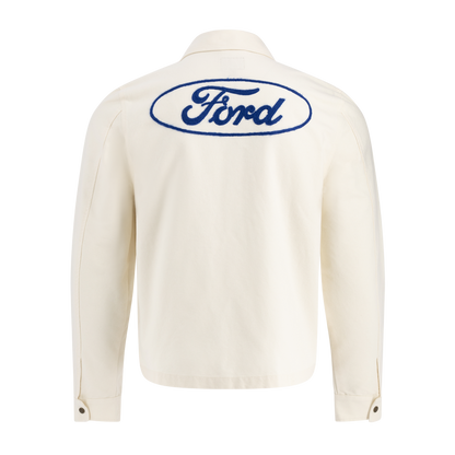 White jacket with Ford logo on the back against a white background