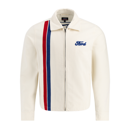 White jacket with red and blue stripes and Ford logo on a white background