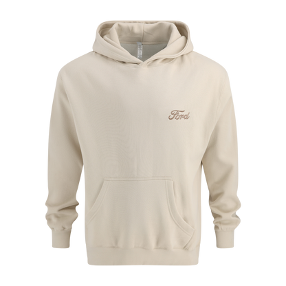 Beige hoodie with Ford logo on a white background