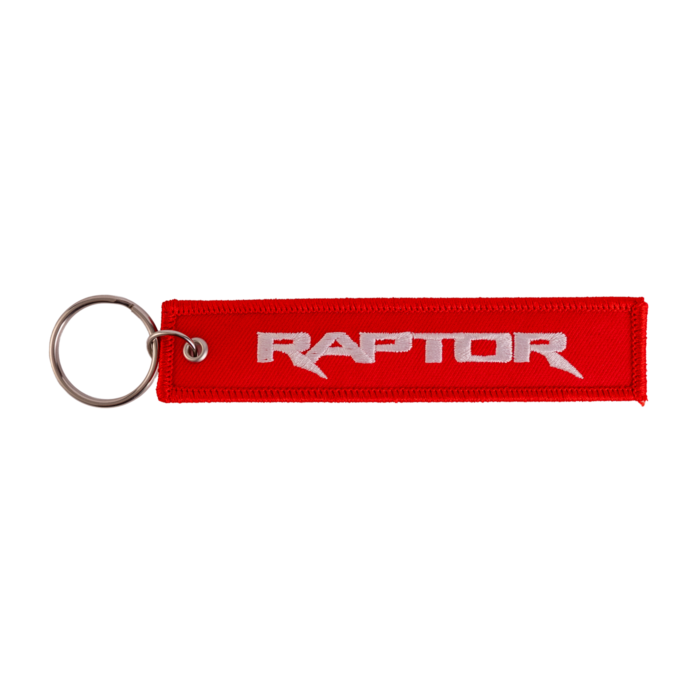 Red keychain with 'Raptor' text on a white background