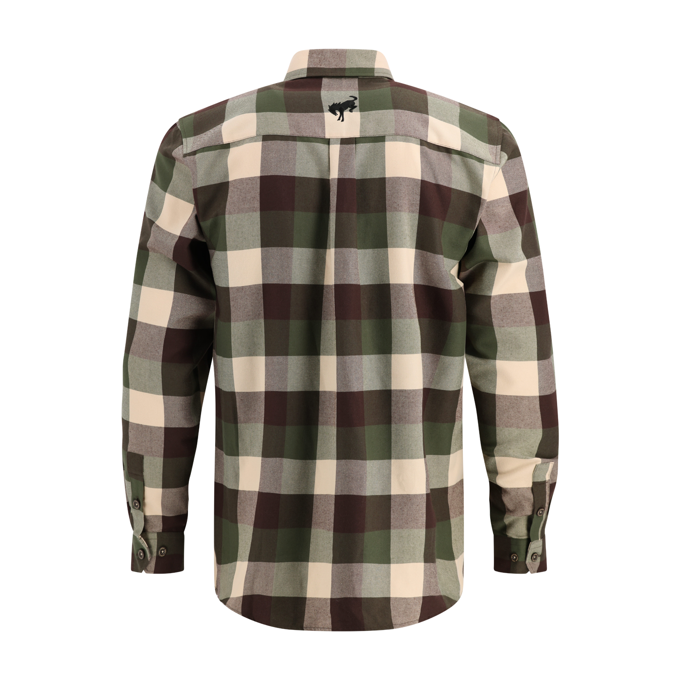 Plaid shirt with green, brown, and beige pattern on a white background