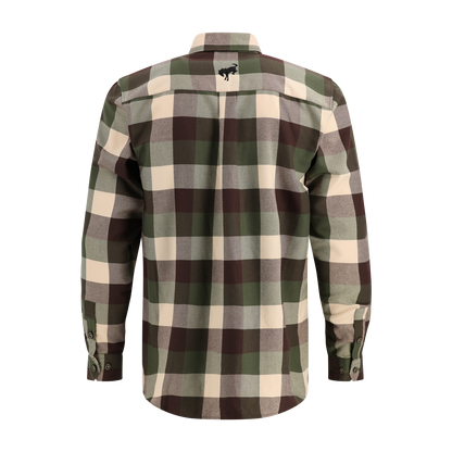 Plaid shirt with green, brown, and beige pattern on a white background