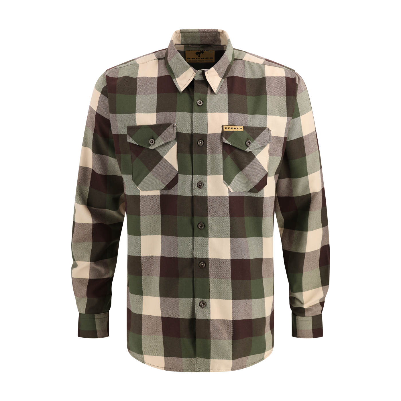 Plaid shirt with green, brown, and beige pattern on a white background