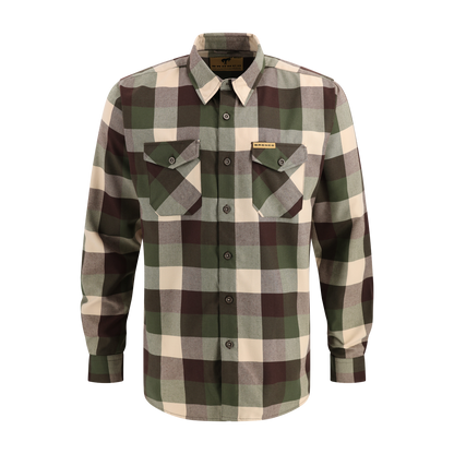 Plaid shirt with green, brown, and beige pattern on a white background