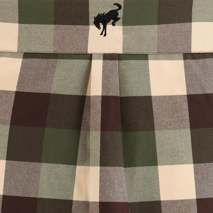 Plaid fabric with a wolf logo in the corner