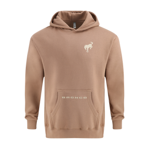 Brown hoodie with a bronco logo and bronco text on a white background