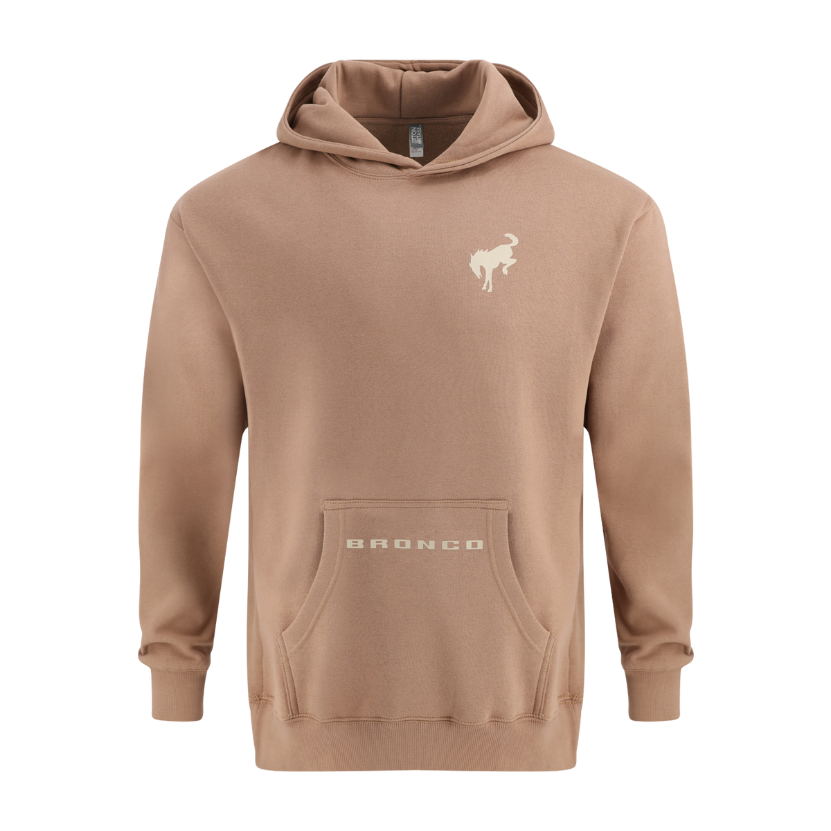 Brown hoodie with a bronco logo and bronco text on a white background