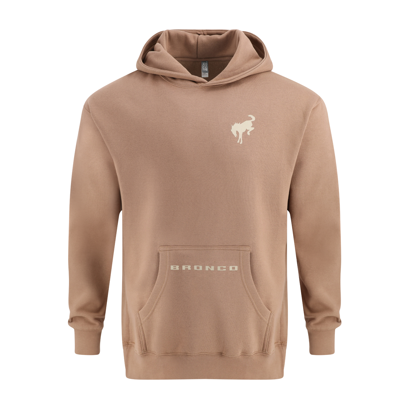 Brown hoodie with a bronco logo and bronco text on a white background