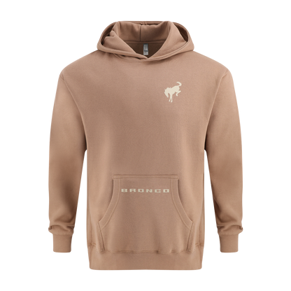 Brown hoodie with a bronco logo and bronco text on a white background