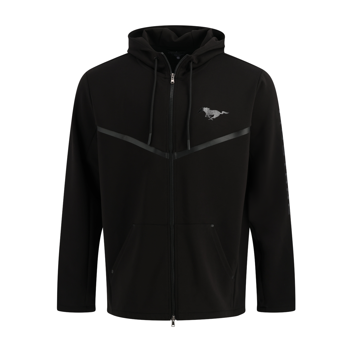 Black zip up hoodie with a mustang pony logo on a white background