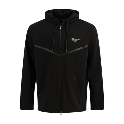 Black zip up hoodie with a mustang pony logo on a white background