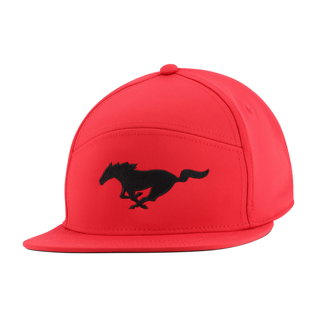 Red cap with a black horse logo on a white background