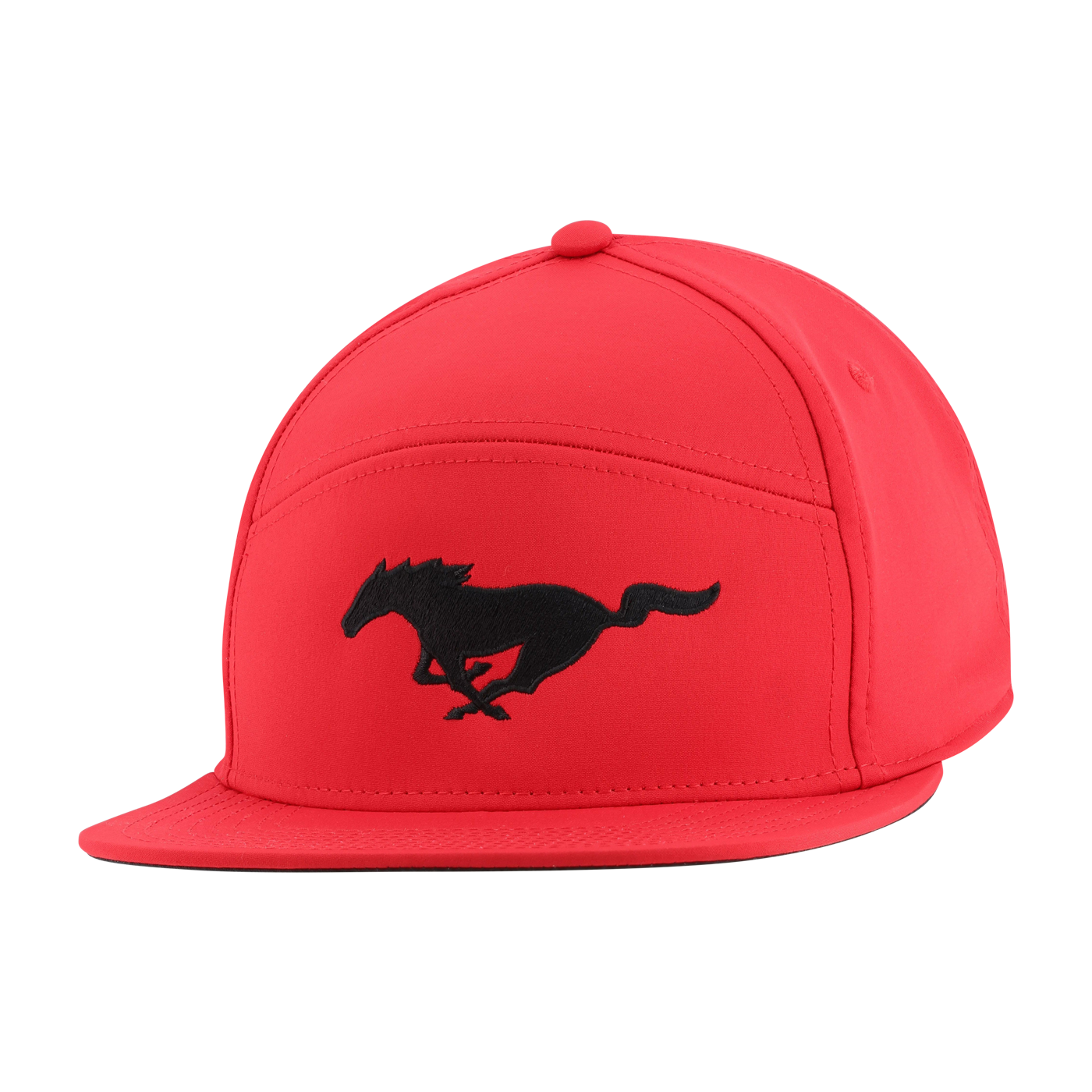Red cap with a black horse logo on a white background