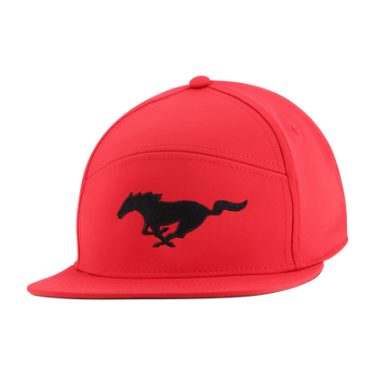 Red cap with a black horse logo on a white background