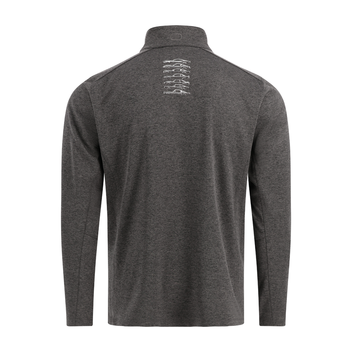 Dark gray long-sleeve shirt with a small logo on the back against a white background