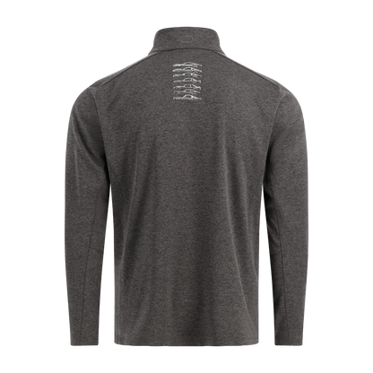 Dark gray long-sleeve shirt with a small logo on the back against a white background