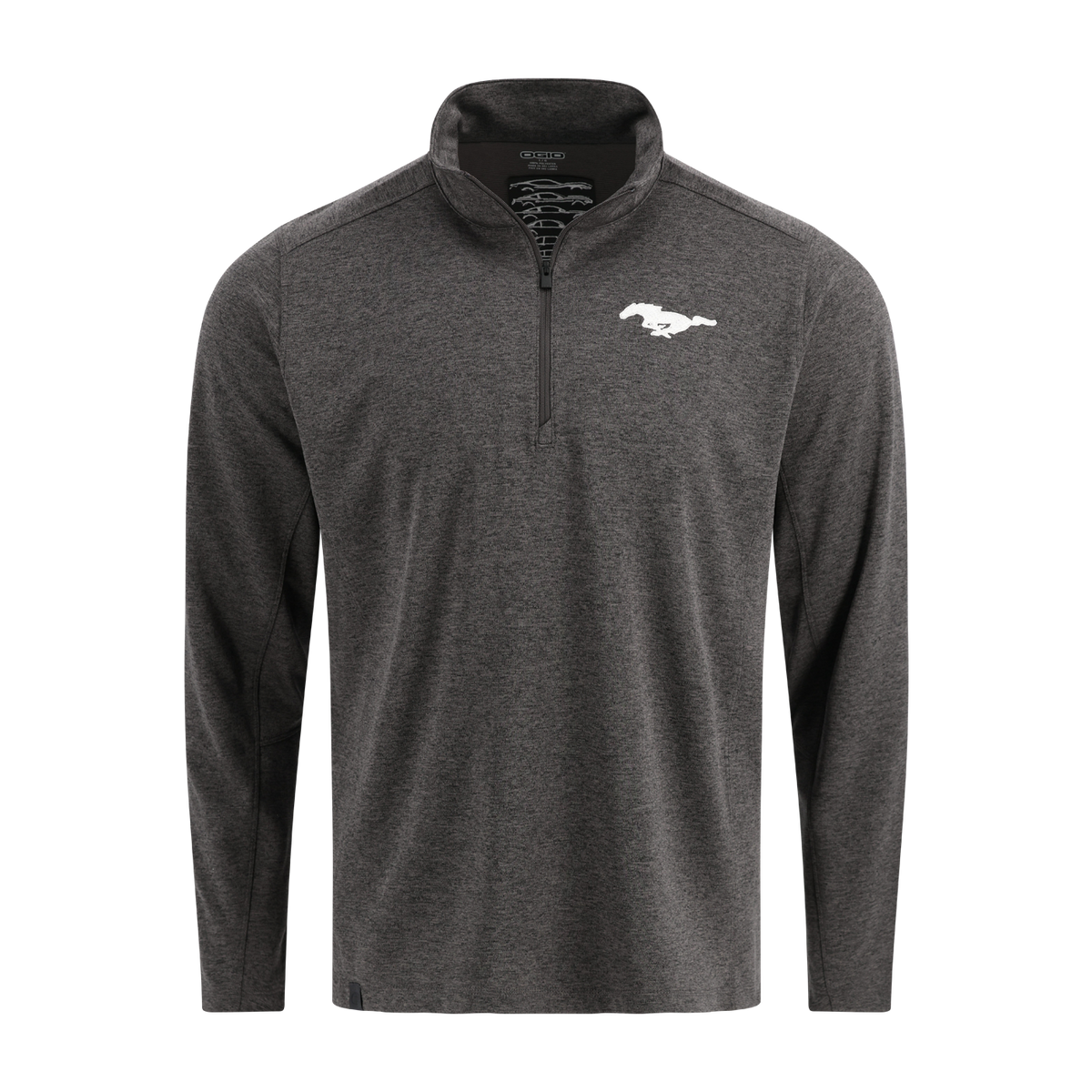 Gray long-sleeve shirt with mustang pony logo on a white background