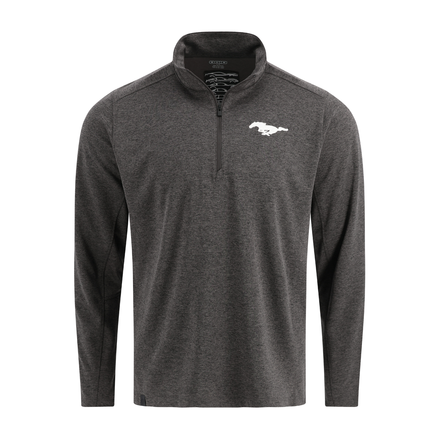 Gray long-sleeve shirt with mustang pony logo on a white background