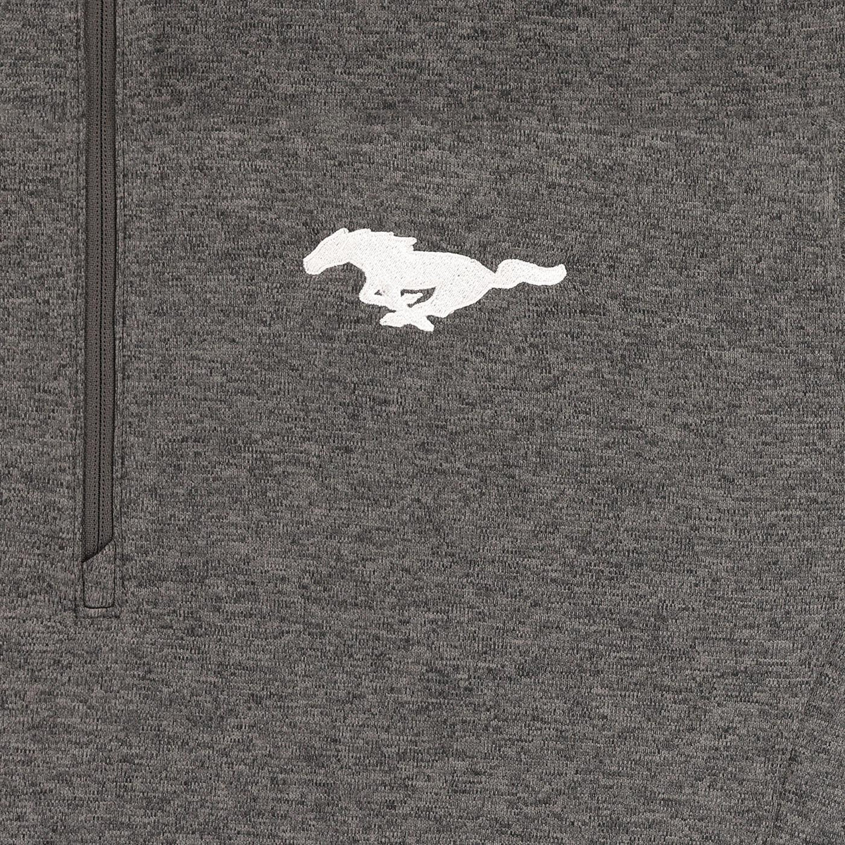 Gray jacket with a white horse logo on a dark gray background