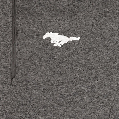 Gray jacket with a white horse logo on a dark gray background