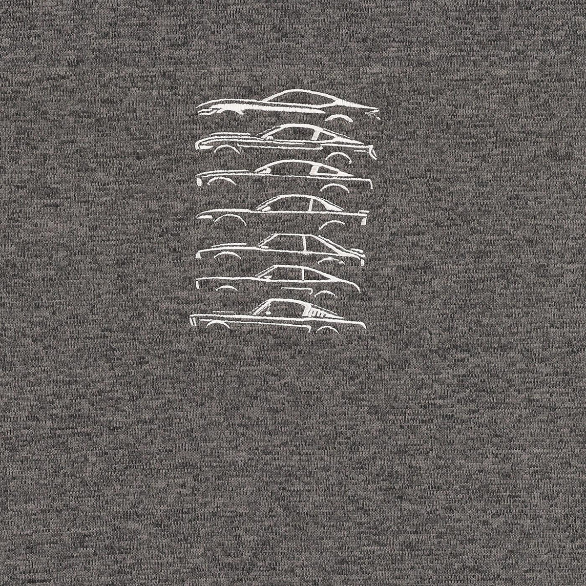 Gray t-shirt with white car illustrations on a plain background