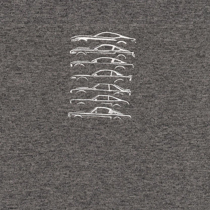 Gray t-shirt with white car illustrations on a plain background