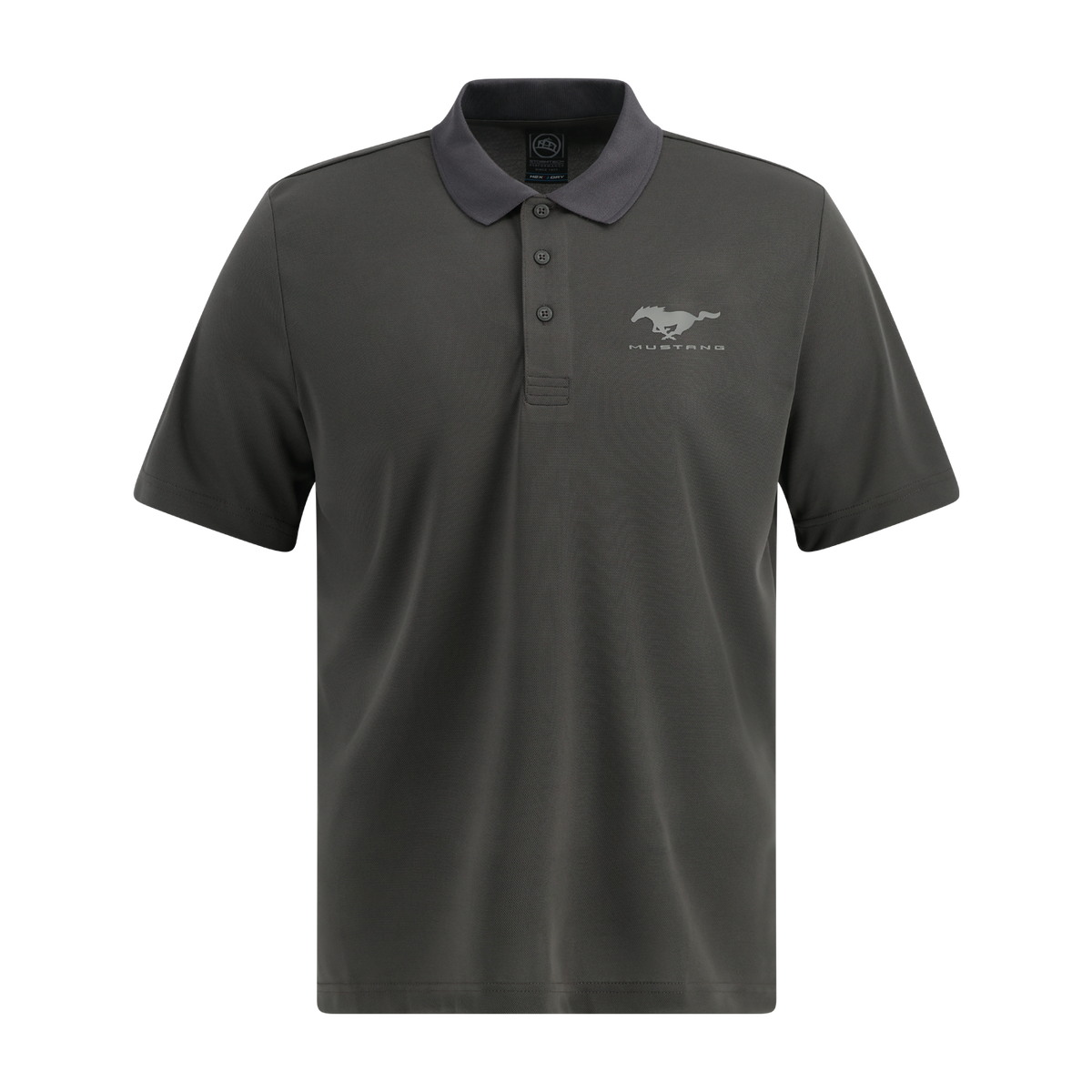 Dark gray polo shirt with a mustang pony on a white background