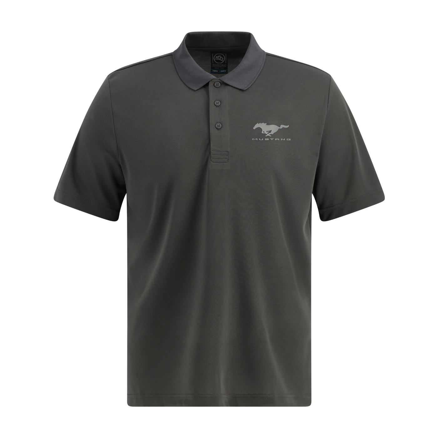 Dark gray polo shirt with a mustang pony on a white background