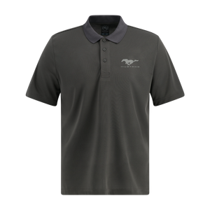 Dark gray polo shirt with a mustang pony on a white background